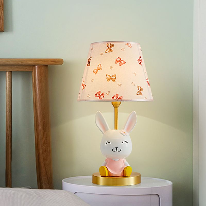 Cartoon Rabbit Night Stand Light Resin Single Bedroom Table Lamp with Tapered Fabric Shade in Pink and White
