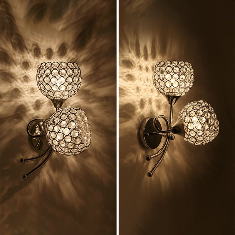Silver Globe Wall Mounted Light Modern 2-Head Crystal Wall Sconce for Living Room