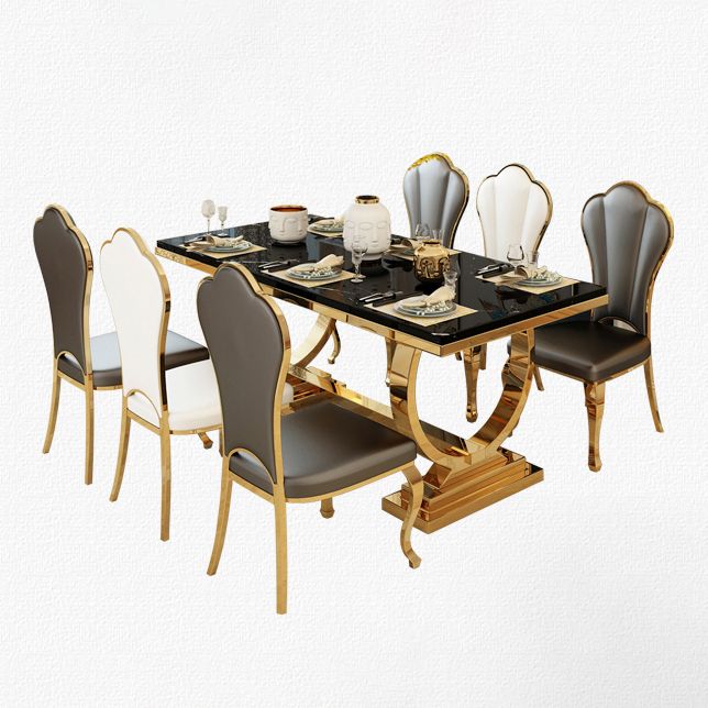 Mesa de comedor de mármol con forma rectangular Glam, mesa de comedor estándar con bases de pedestal dobles
