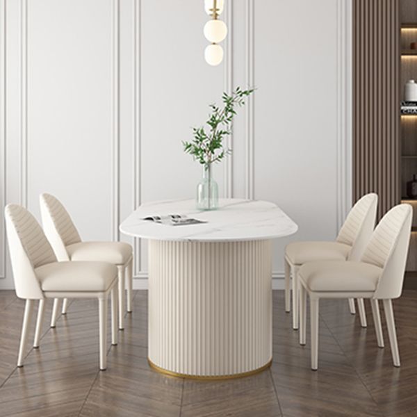 Oval Sintered Stone White Tone Dining Table Simplicity Double Pedestal Table for Dining Room