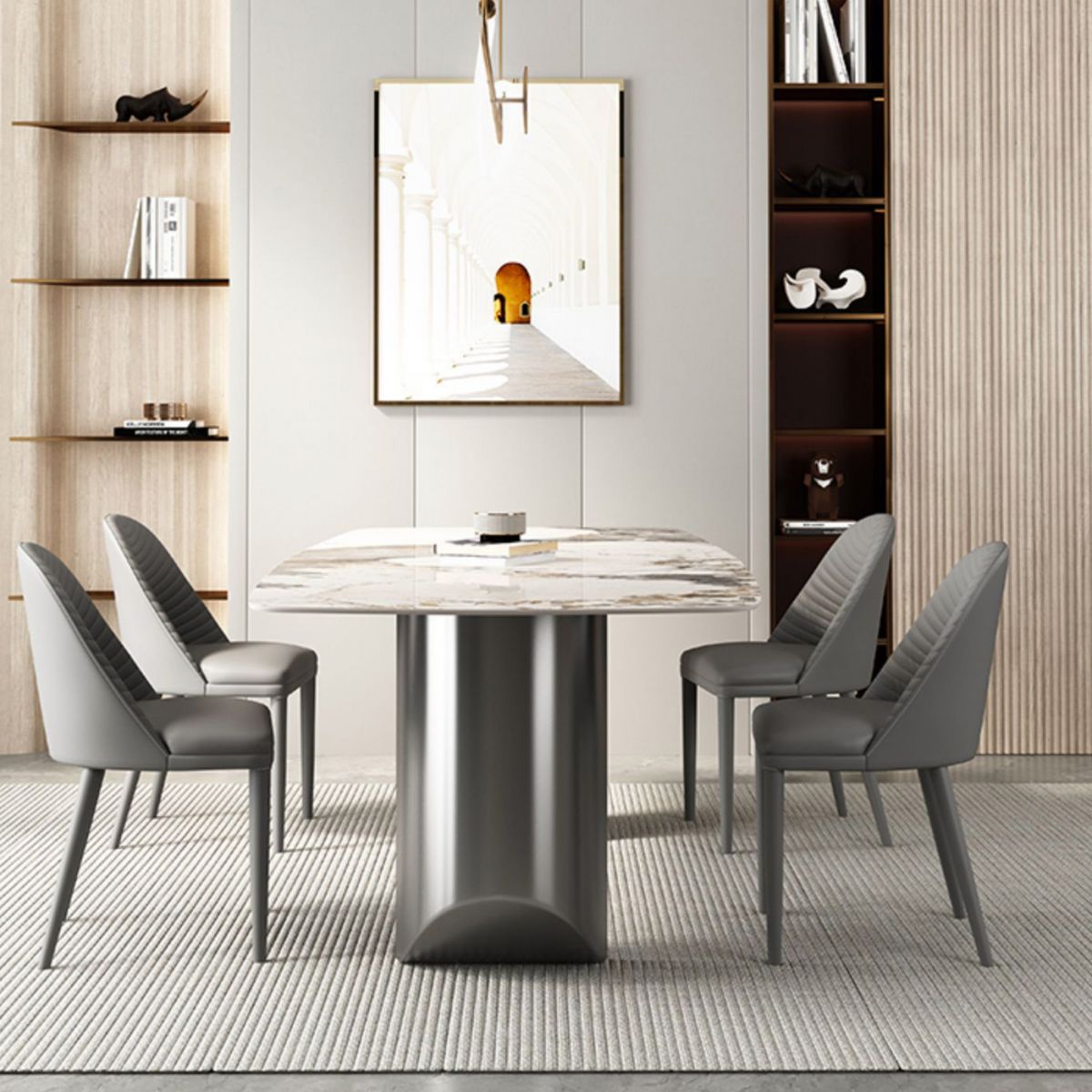 Industrial Rectangle Dining Table Sintered Stone Table with Metal Legs for Kitchen