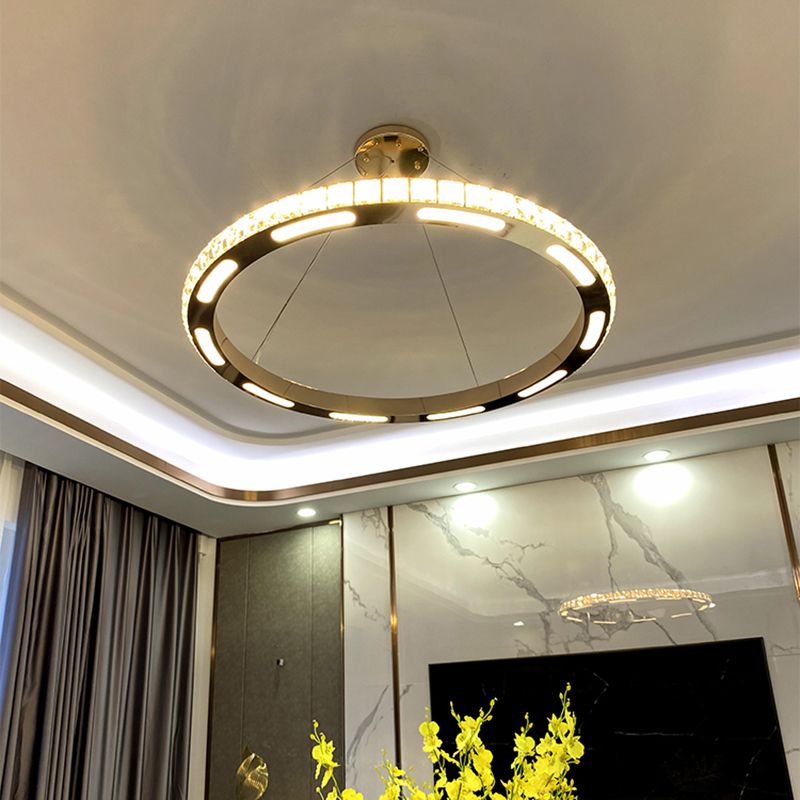 Gold Ring Shaped Chandelier Simple Crystal Embedded LED Pendant Light for Living Room