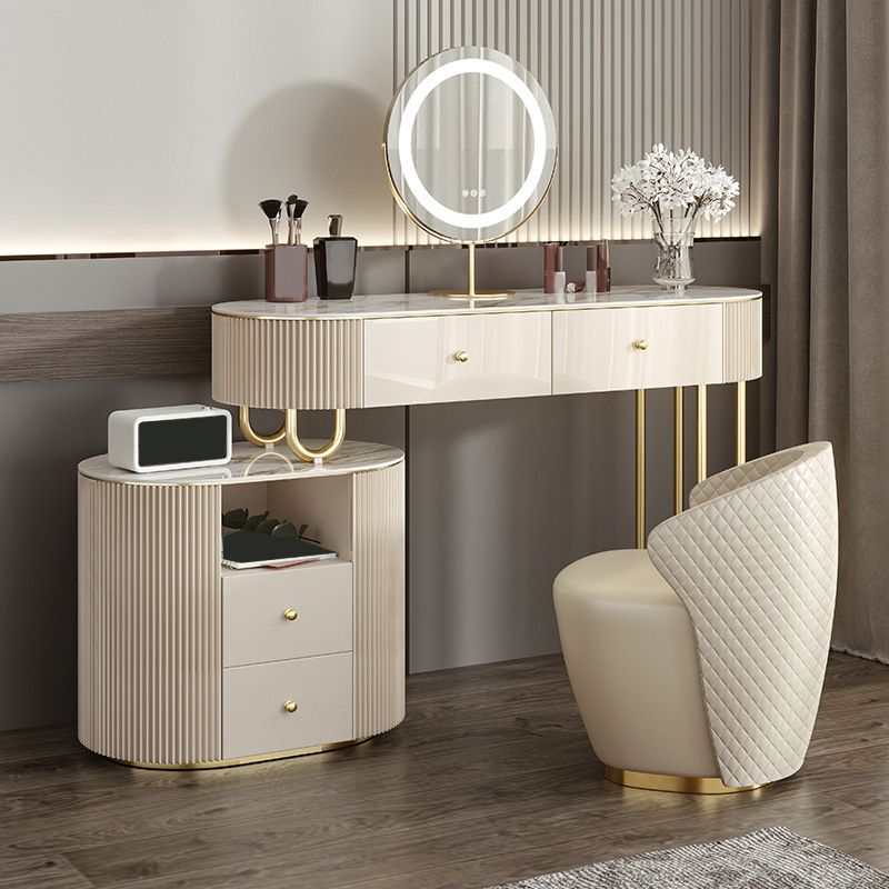 Luxurious Stone Vanity Table with Drawers 30.7" H Makeup Dressing Table Stool Set in Beige