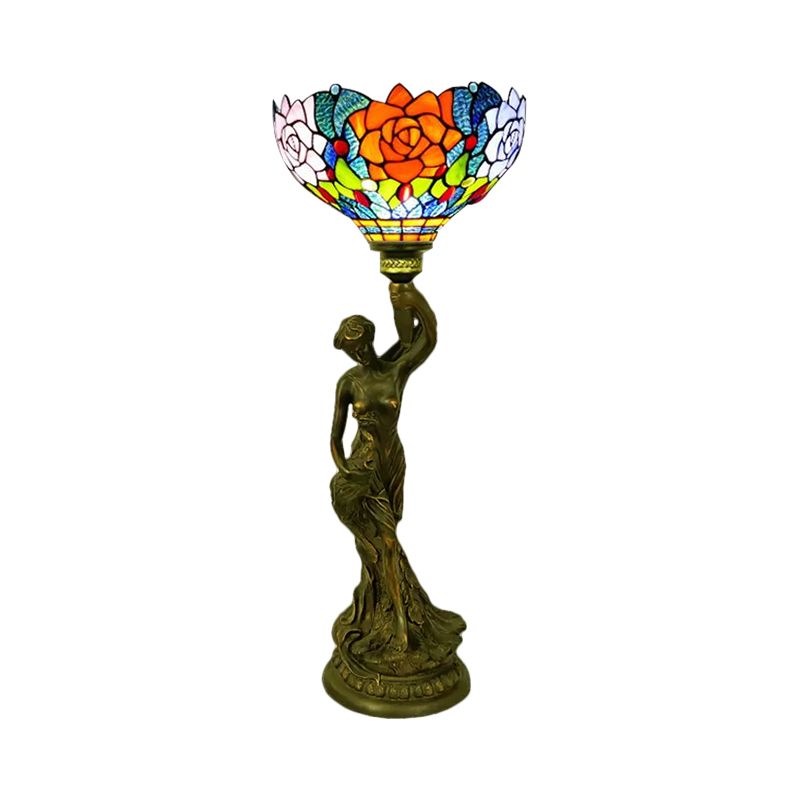 Bowl Table Lighting 1 Head Stained Glass Baroque Petal/Dragonfly Patterned Night Lamp in Brass with Resin Naked Woman Base