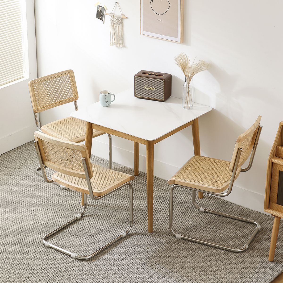 White Tone Dining Table Sintered Stone Table Industrial Style with 4 Legs