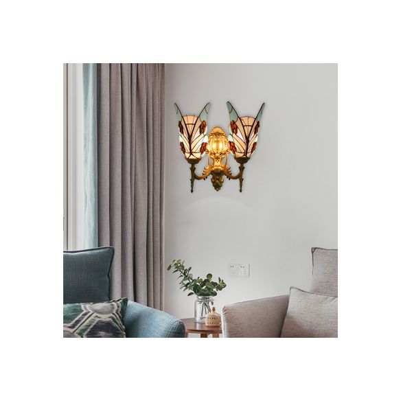 Tiffany Style Butterfly Wall Fixture Light Stained Glass 2 Heads Wall Sconce Lighting in Blue for Bedroom
