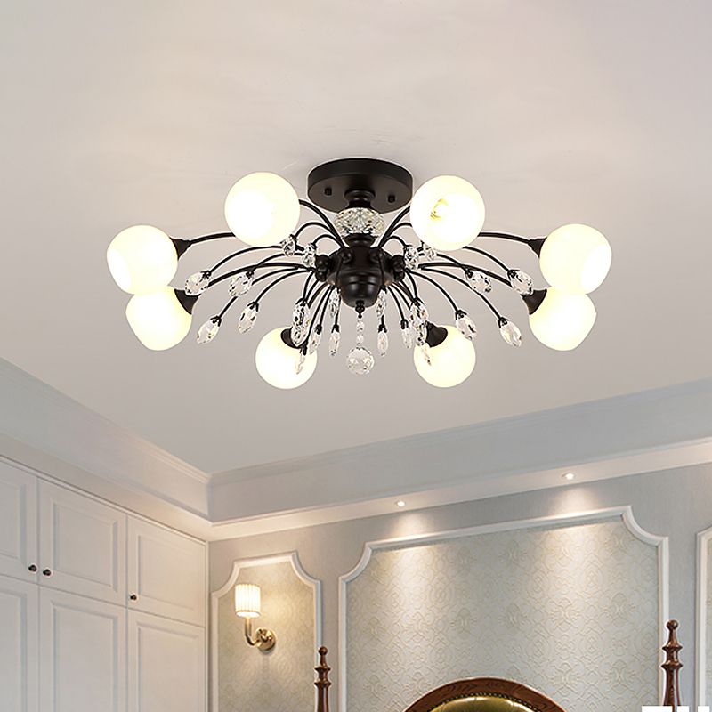 Ópalo de vidrio Sputnik Globe Semi Flush Modernismo de 8 bombas Cosco montado en el techo con cristal deco en negro