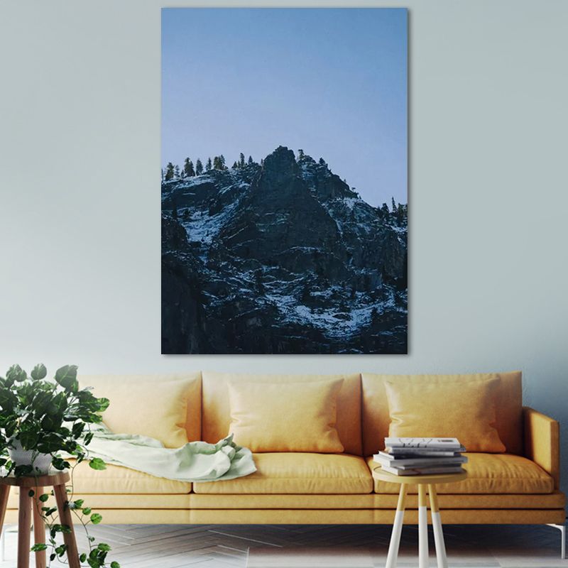 Dreary Mountain Landscape Canvas Wall Art for Living Room, Dark Blue, Textured Surface