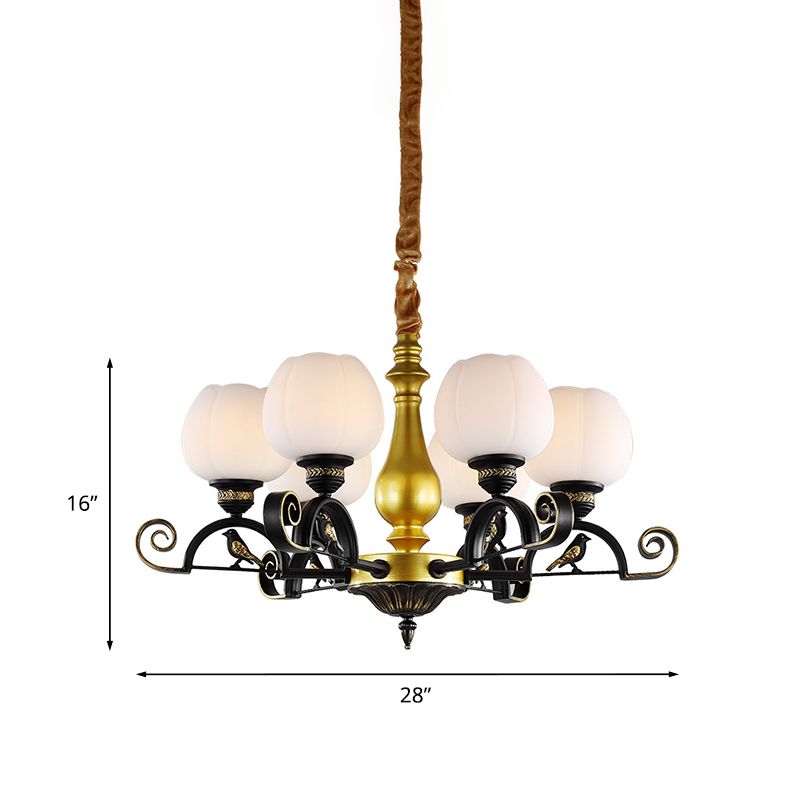 Studio Bloom Studio a pendente lampadario retrò vetro opale a 6 luci nere e oro soffitto con arredamento per uccelli