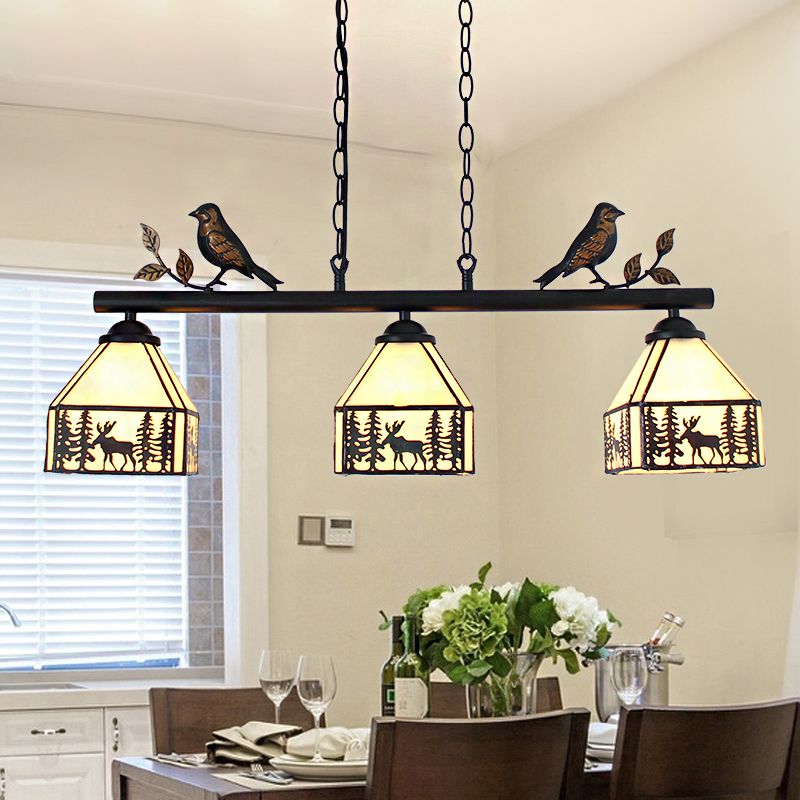 Rustic Lodge Deer Island Lighting with Bird Decoration 3 Lights Stained Glass Pendant Light