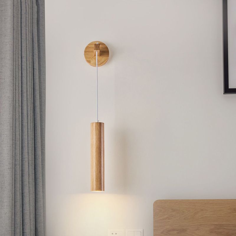 Modern Style Cylinder Shape Wall Light Wood 1 Light Sconces for Bedroom