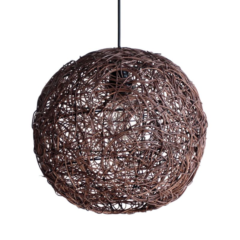 Coffee Globe Hanging Light Asian 1 Bulb Rattan Pendant Lighting Fixture for Bedroom
