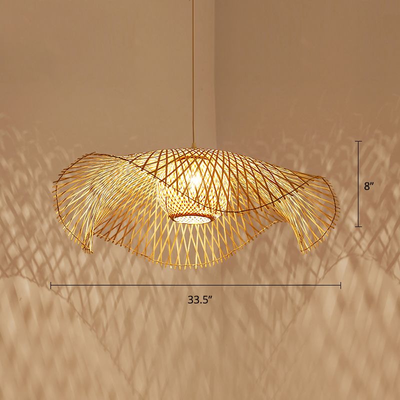 Simplicity Lotus Leaf Suspension Light Bamboo 1-Light Restaurant Pendant Light in Wood