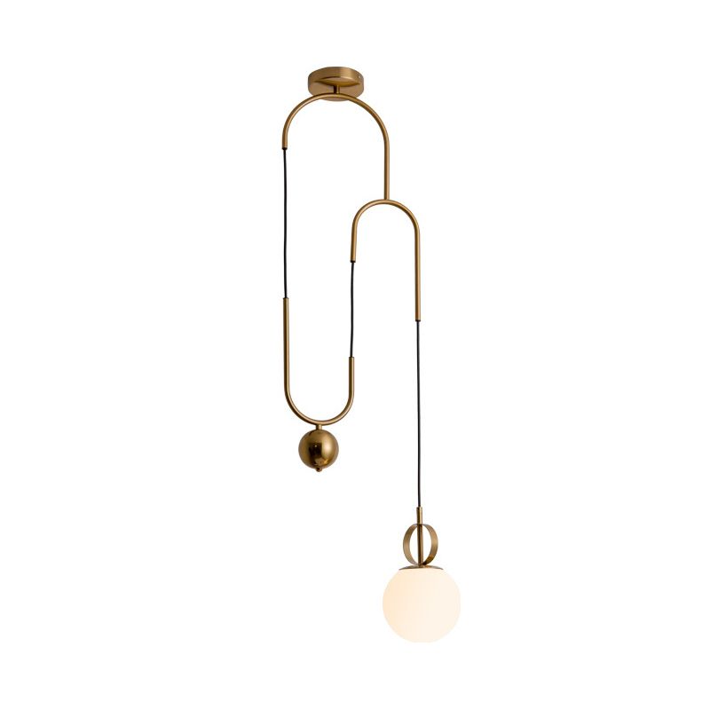 Opaline Glass Ball Shade Pendant Light Kit Postmodern 1-Light Hanging Lamp with Pulley in Gold