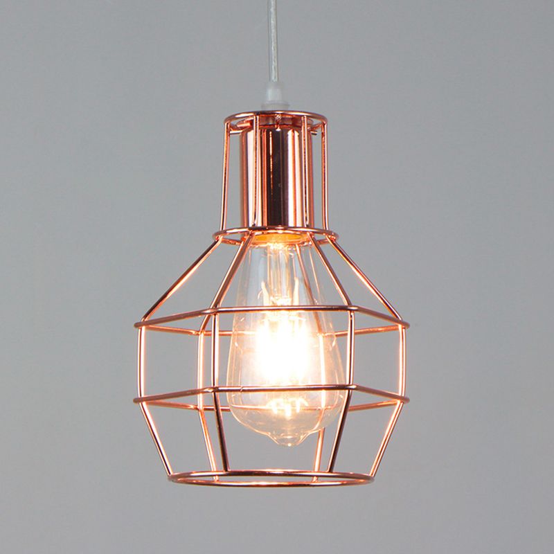 Electroplated Rose Gold Hanging Light Iron Cage Shade Industrial Style Single Bulb Lighting Fixture for Bedroom