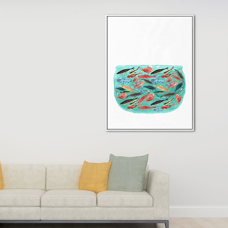 Cartoon Kids Art Print Fish in Aquarium Green Canvas for Living Room, Multiple Sizes Available