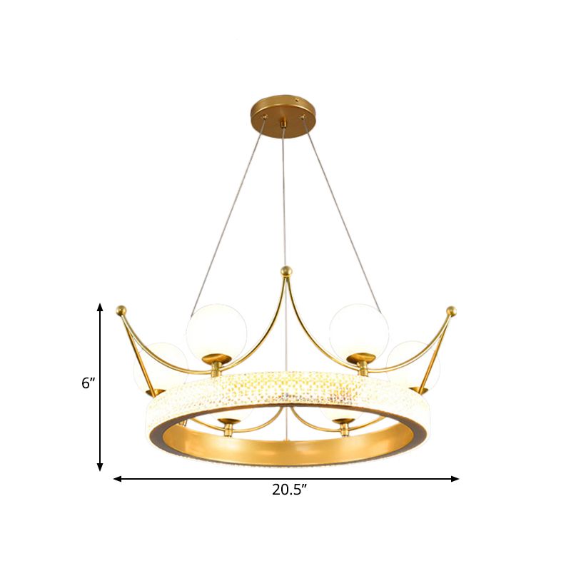 Modern Crown Shape Suspension Lamp Metal 6 Lights Girl Room LED Ceiling Chandelier in Gold with Orb Cream Glass Shade