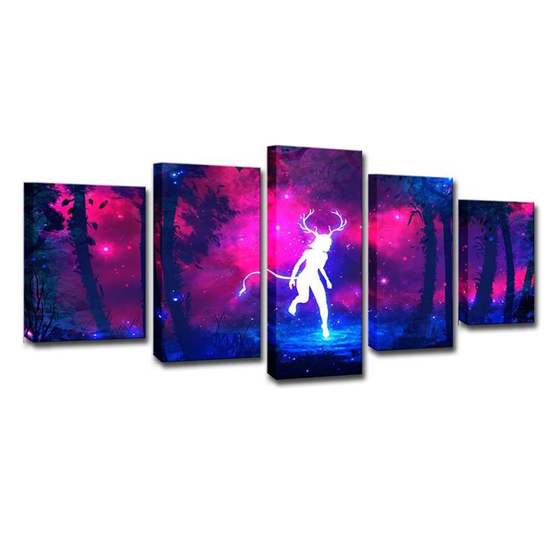 Cartoon Deer Fairy Wall Art Print Purple-Blue Night Wonderland Canvas for Bedroom