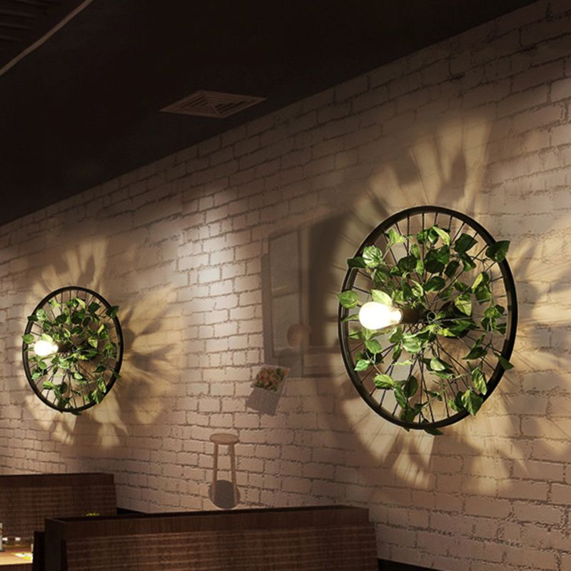 Vintage Geometric Shaped Wall Mount Light 1 Head Iron Wall Light Fixture with Plant Decor in Black