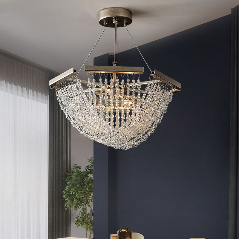 Crystal Strand Bowl Chandelier Light Traditional Living Room Hanging Pendant in Silver