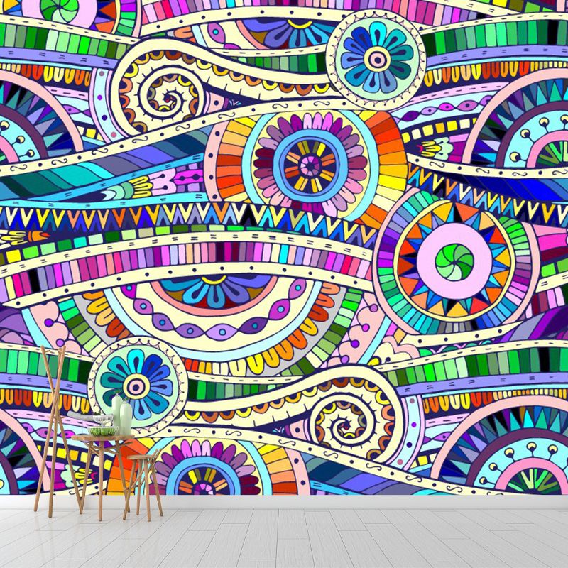 Floral Tape Wall Mural Decal Bohemian Non-Woven Material Wall Art in Multi-Color