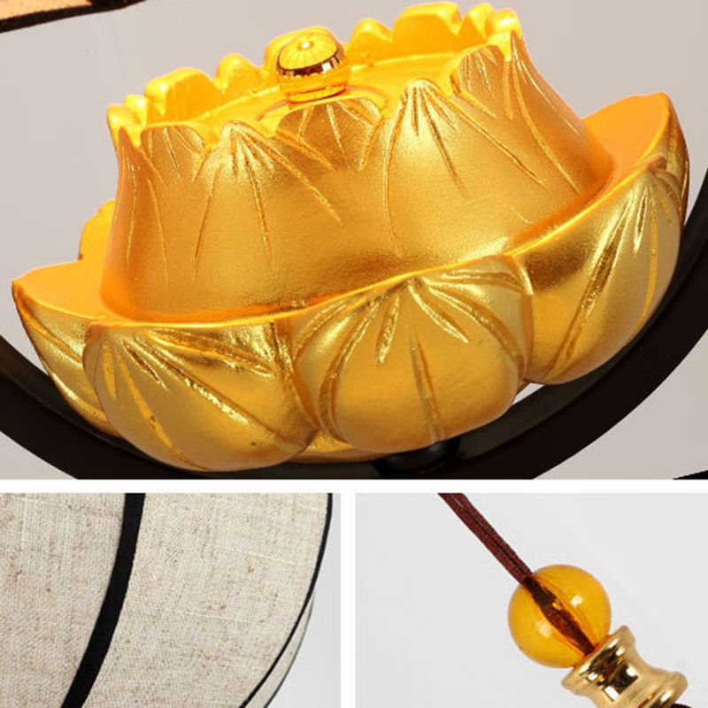 Living Room Ceiling Pendant Light Chinese Black Hanging Light Kit with Pumpkin Fabric Shade