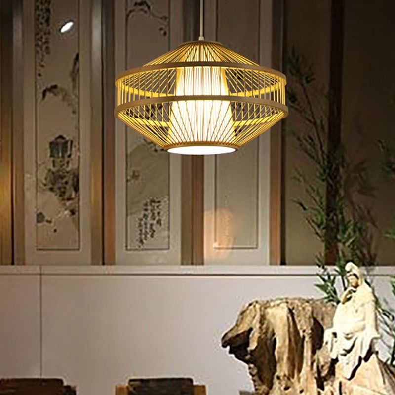 Globe Pendant Light Fixture Chinese Bamboo 1 Light Restaurant Hanging Lamp in Beige