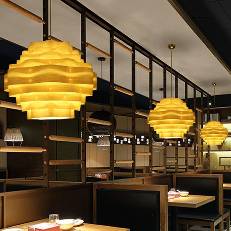 Modern Wavy Shade Pendant Lighting Wood Veneer 1 Bulb Restaurant Hanging Lamp Kit