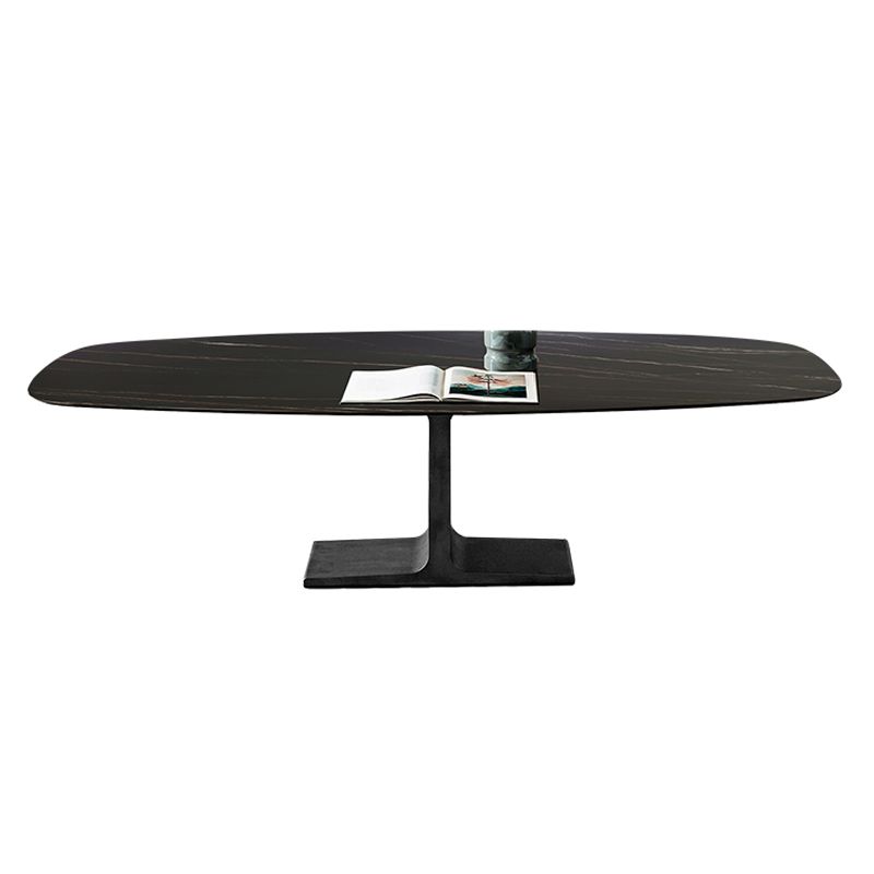 Ovale moderne eettafel Zwart gesinterde stenen tafel met voetstuk