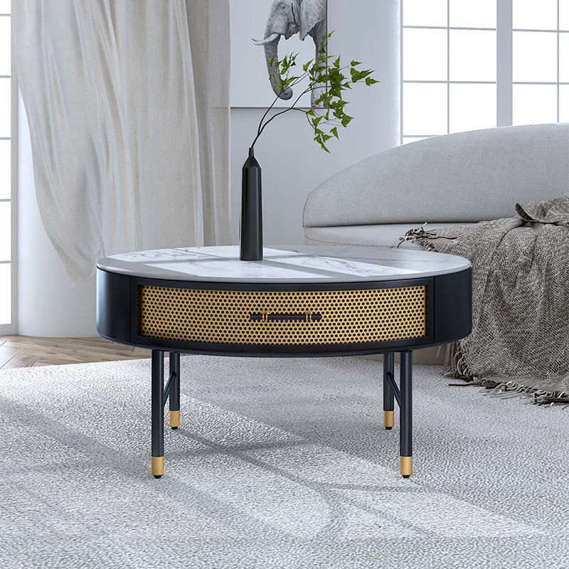 17"H Glam Cocktail Table Storage Round 4 Legs Stone Coffee Table
