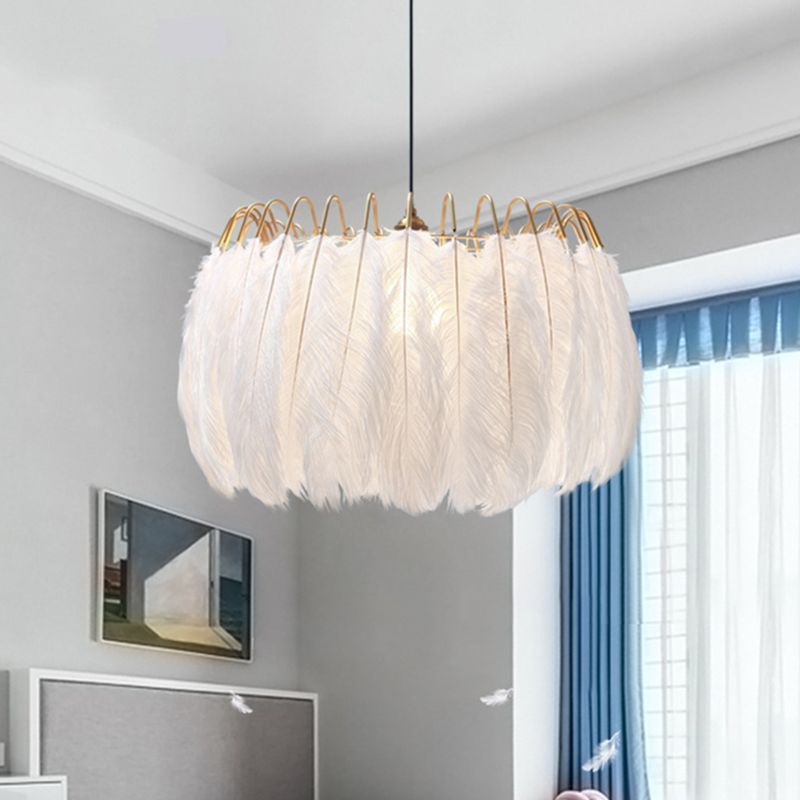 White Drum Pendant Lighting Fixture Modern Style Feather Suspension Pendant Light