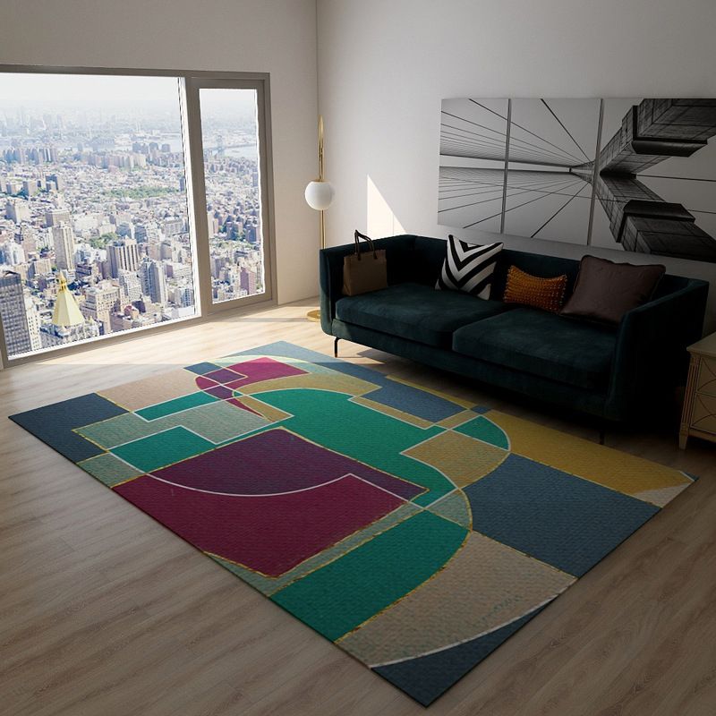 Red and Green Contemporary Rug Polyester Colorblock Abstract Rug Washable Rectangle Rug for Bedroom