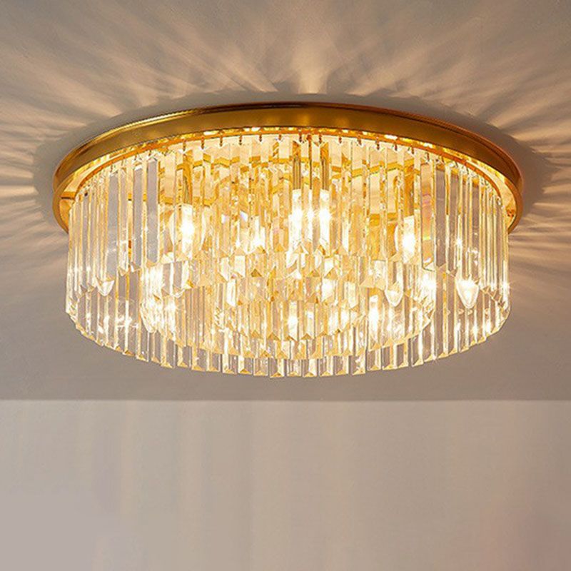 Bedroom Ceiling Mount Light Postmodern Gold Flush Mount Lamp with Drum Crystal Shade