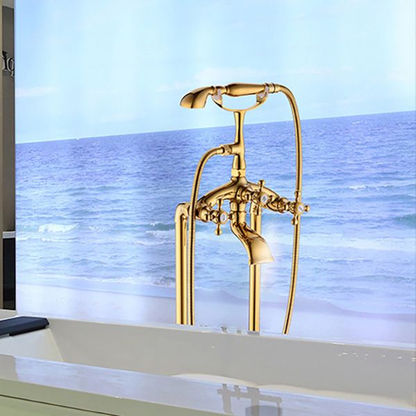 Floor Mounted Tub Spout 3 Handles Traditional Freestanding Tub Filler in Gold