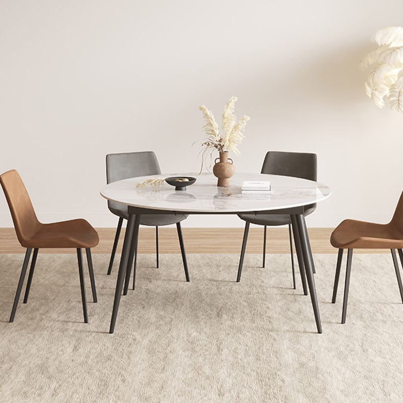 Round Dining Table with Leaf Extension Modern Stone Black Legs Dinette Table