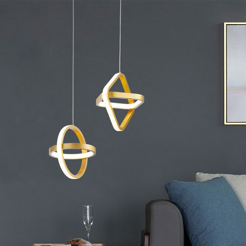 Golden Interlocking Pendant Light Fixture Simplicity 2-Light Metal Drop Lamp for Dining Room