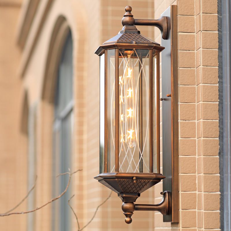 Lodges Rectangle Wall Sconce 1-Head Clear Glass Wall Mounted Lighting in Brass with Double Arm