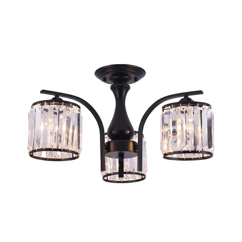 Cilinder semi-inbouwlamp met kristallen kap Scandinavisch metaal 3/5-lichts zwarte plafondlamp