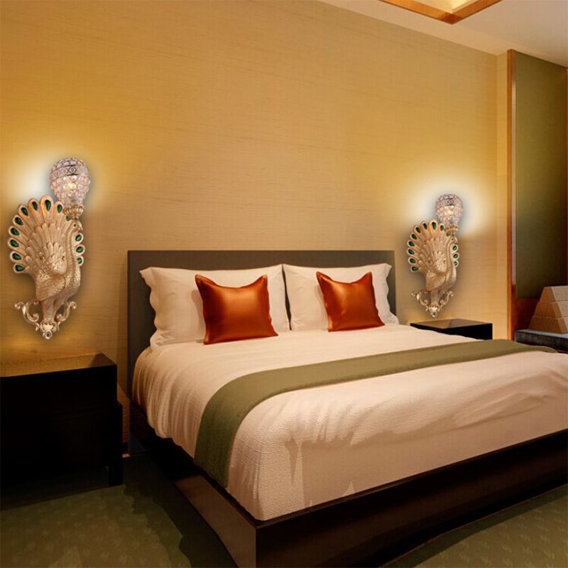 Golden Peacock Wall Lightture Motorst Resin 1 Light Mur Murce Wall avec Crystal Bowl Shade For Bedside
