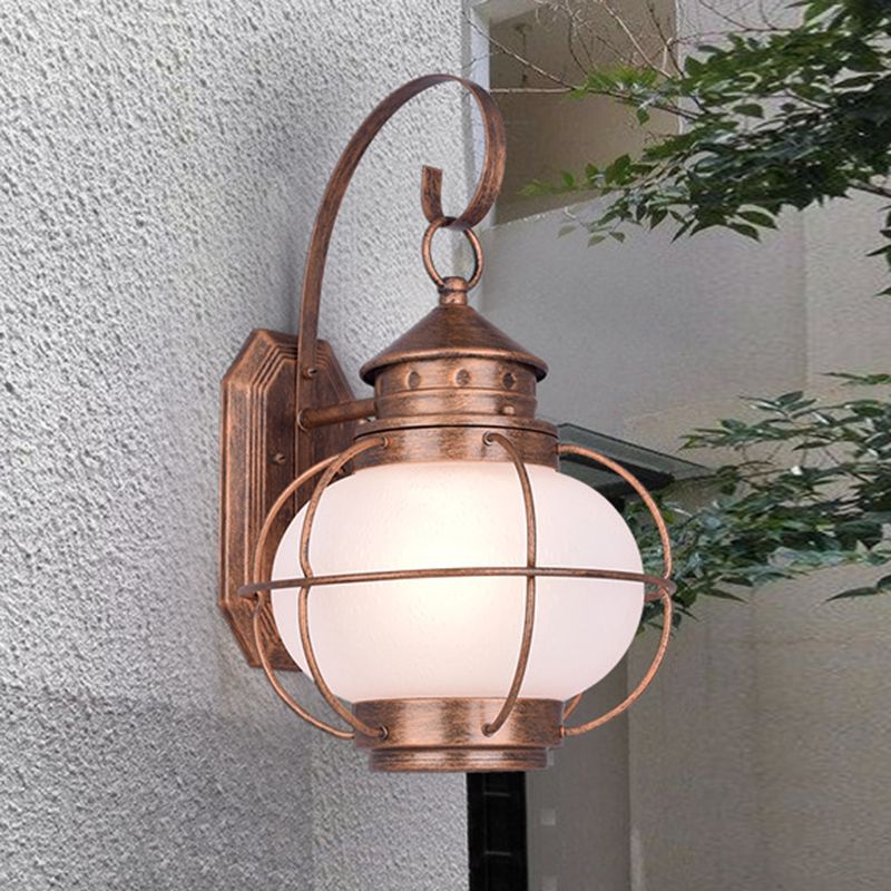 Coffee/Bronze Lantern Wall Light Retro White/Clear Glass 1 Head Outdoor Wall Lighting with Wire Cage