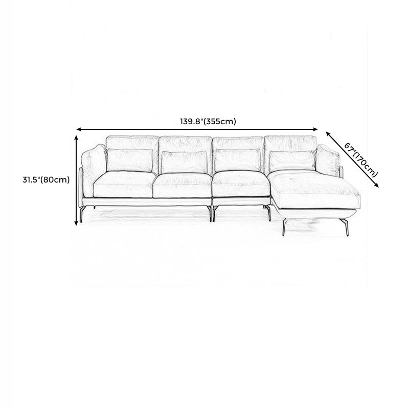 Square Arm Genuine Leather Sofa and Chaise Brown Sectional with Bolster Pillows