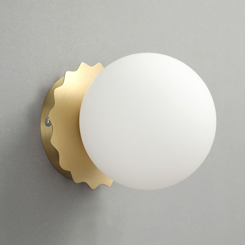 White Glass Globe Wall Sconce Light Modernism 1-Bulb Gold Wall Lighting for Bedroom