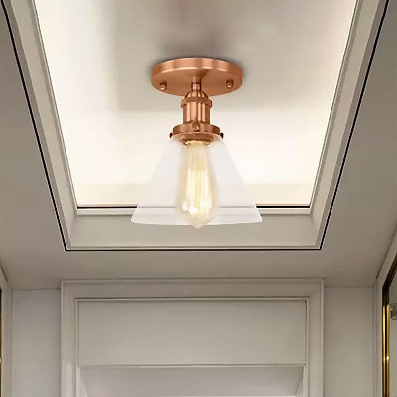 Single Bulb Semi-Flush Mount Industrial Conical Clear Glass Ceiling Light in Black / Brass / Copper