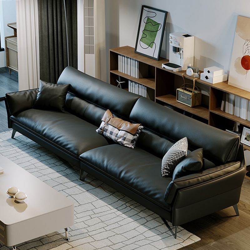 Black Genuine Leather Settee Mid-Century Modern Pillow Top Arm Sofa - 33.5" H