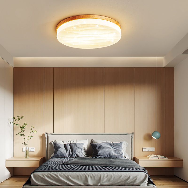 1-Light Round Flush Light Fixtures Modern Style Wood Flush Mount Lighting