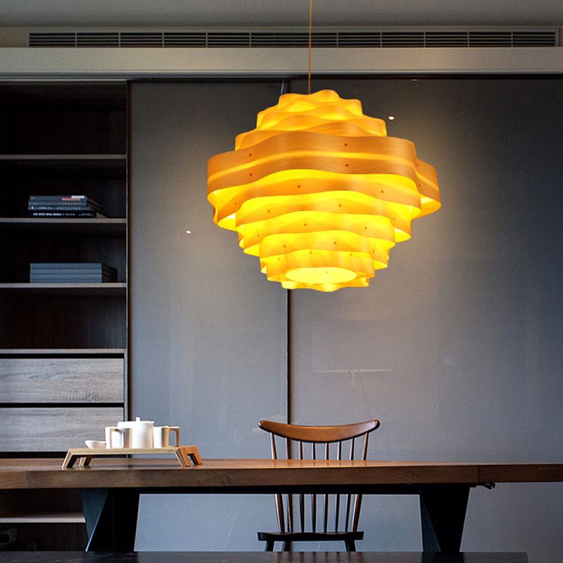 Wavy Layered Wood Pendant Lighting Asia Novelty 1 Bulb Beige Suspended Lighting Fixture