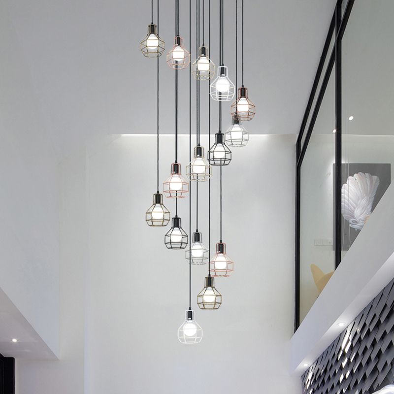 Metal Grenade Cage Suspension Light Minimalist Black Multi Light Pendant for Staircase
