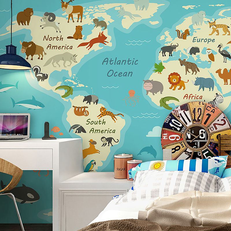 Illustration Wall Art Animal World Map Extra Large Mural for Kid, Made to Measure