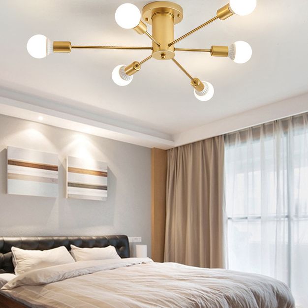 Gold freiliegende halbbündige Deckenleuchte aus Metall im Loft-Stil für Schlafzimmer, halbbündige Montage