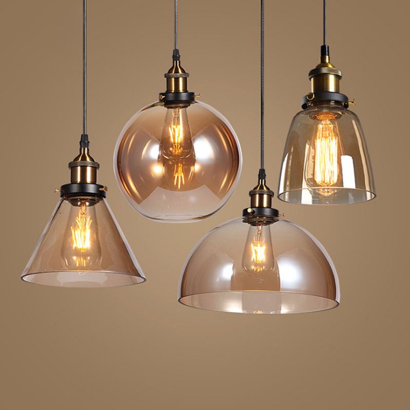 Clear Glass Shade Hanging Ceiling Light Industrial Vintage Brass 1 Light Restaurant Down Lighting